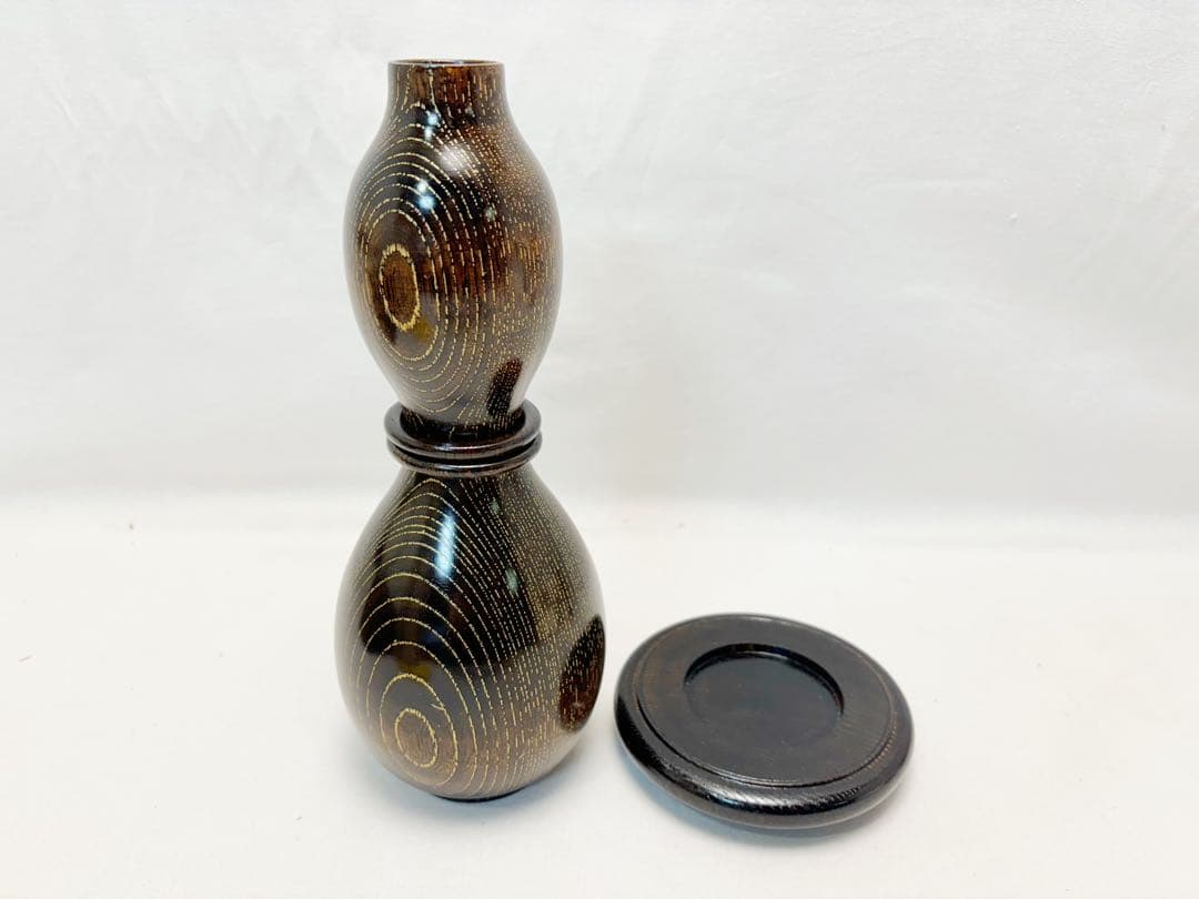 未使用 華道具 福田芳朗作 欅神代塗 沈金 福瓢一輪生 紫檀台付 銅おとし共箱