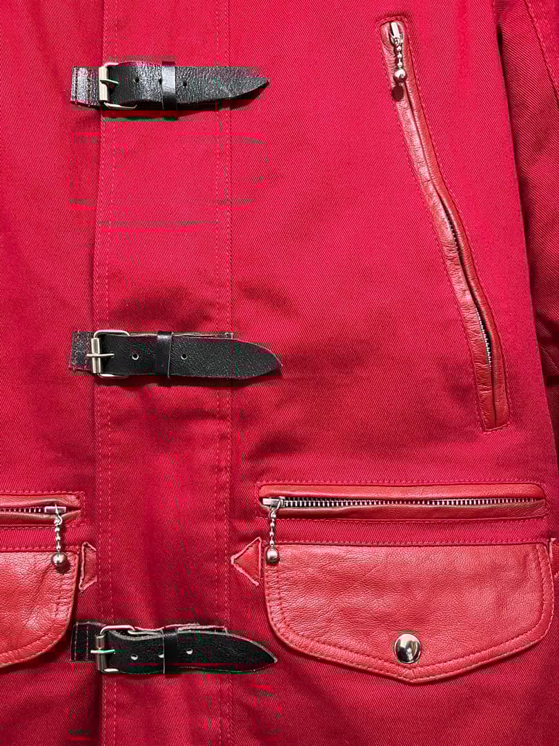 JIMSINN レザーパーツ使用 ベルト ファー付き ダック地 コート 赤 M