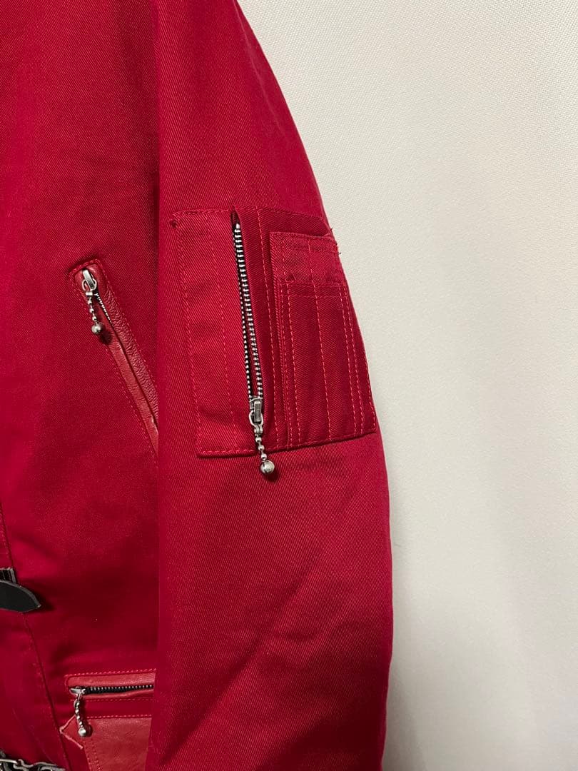 JIMSINN レザーパーツ使用 ベルト ファー付き ダック地 コート 赤 M