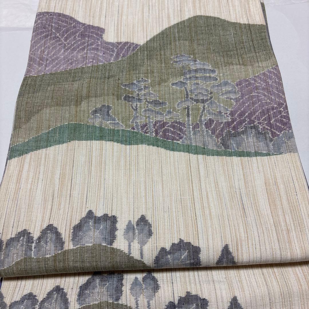 (週末値引き)袋帯 玉あしぎぬ 本場結城紬紀元祭限定 山と木の模様 緑紫