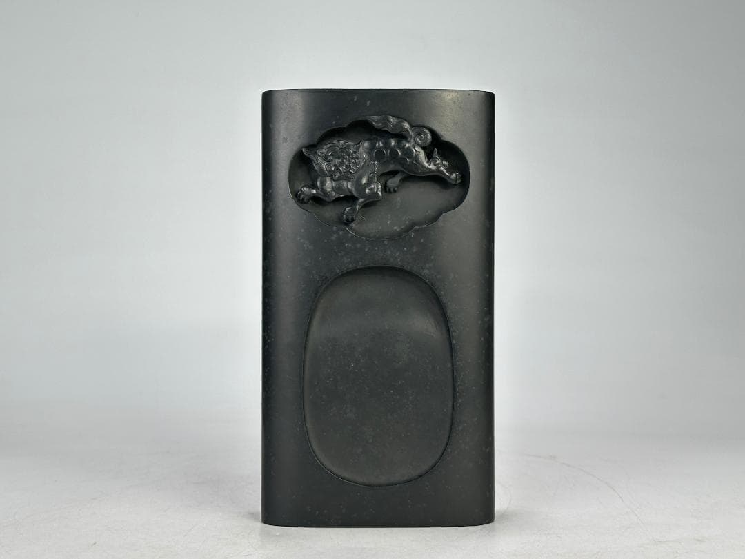 日本美術　書道具　文房具　雨硯　十一代　静軒作　唐木蓋付　雨端硯　共箱　和硯