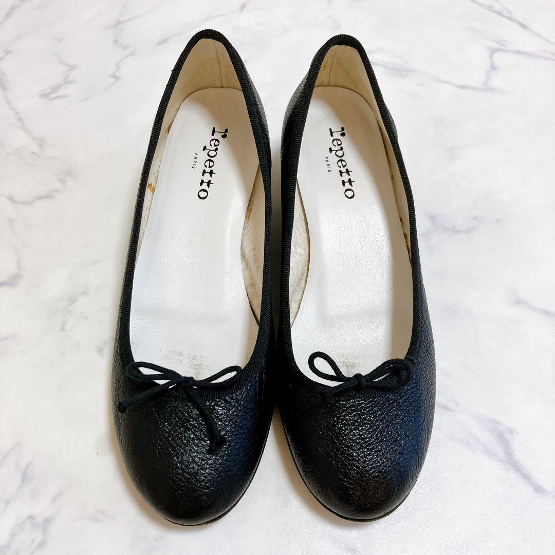 レペット バレエシューズ ウェッジソール 37 シボ革 フラット リボン 黒