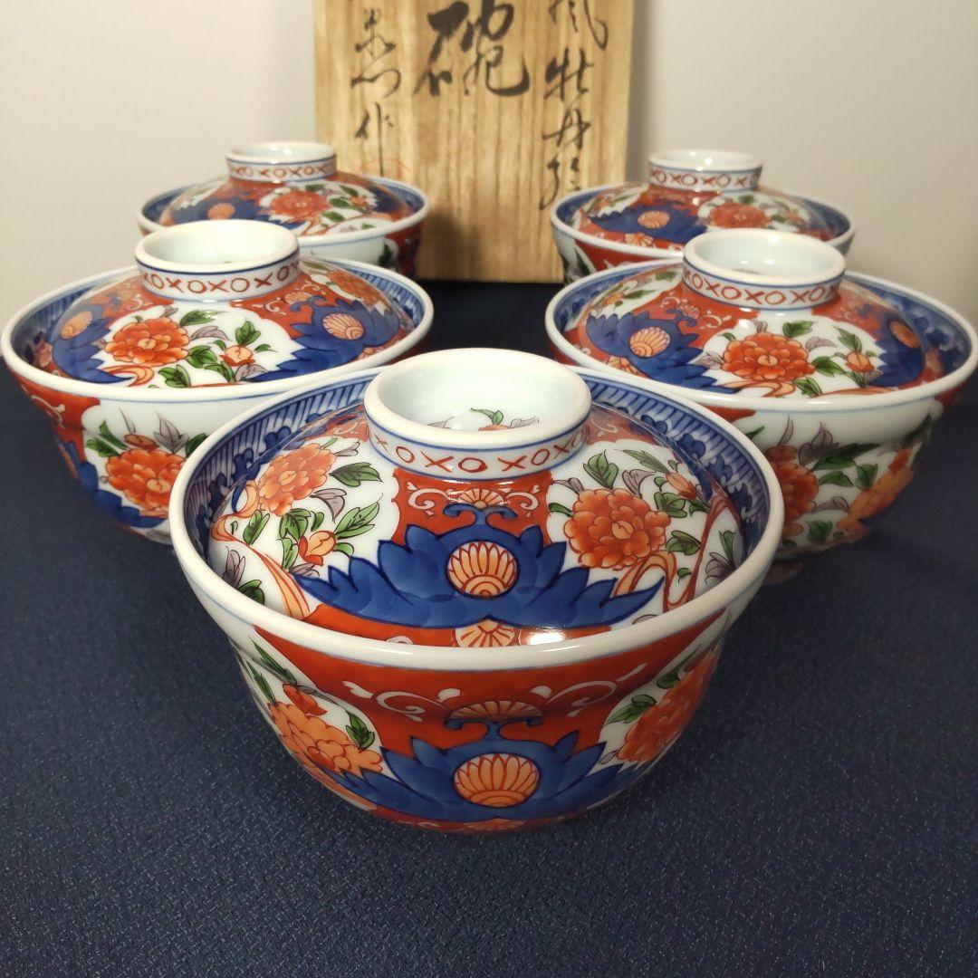 源右衛門 古伊万里 丼 小どん どんぶり 蓋付き 牡丹 染錦 染付 5客 木箱
