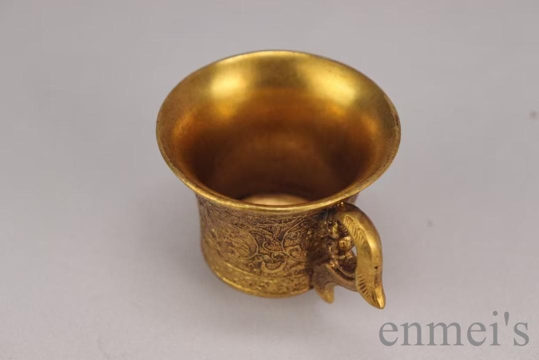 中国古美術 旧蔵 唐代 大唐貞觀款 鍍金銅酒杯 精銅製 小盃 純手作り 鍍金装飾