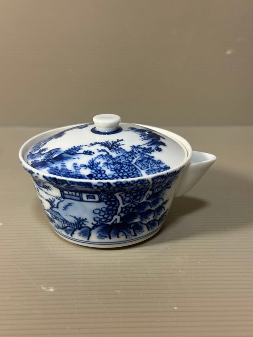 2334 平安草仙　染付青花　茶器セット　宝瓶1客　湯冷し1客　湯呑5客　鉢付き