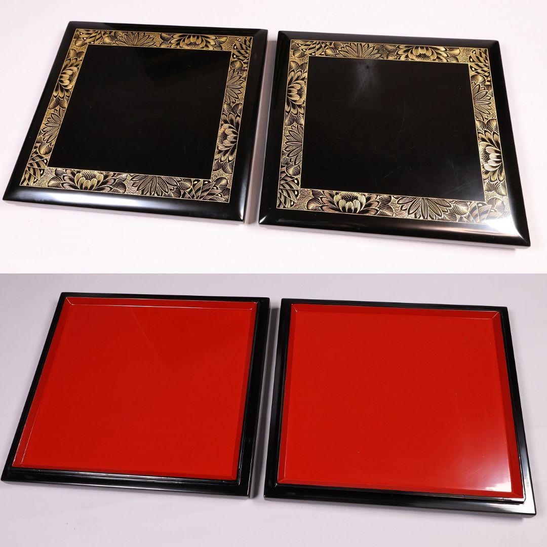 輪島塗 沈金 菊花 五段重箱 蓋2枚 黒塗 内朱塗 木製漆器 漆芸【MB56】