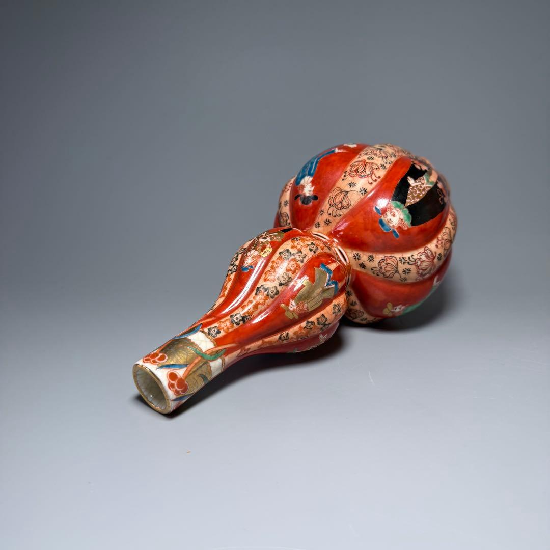 幕末〜明治期　アンティーク薩摩　異人図祥瑞瓢箪形花瓶　箱　布　里帰り品