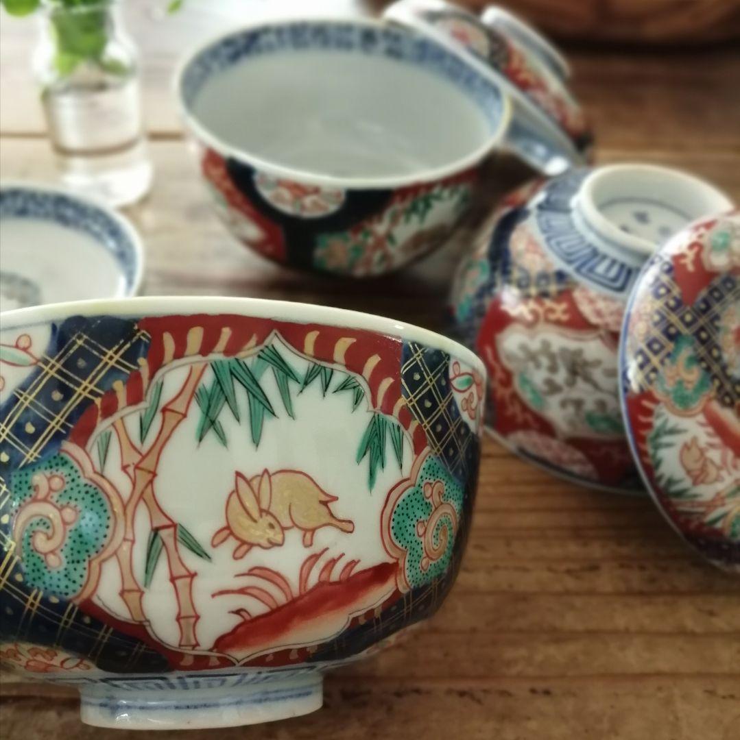 古伊万里　色絵　兎と龍　蓋茶碗　3客