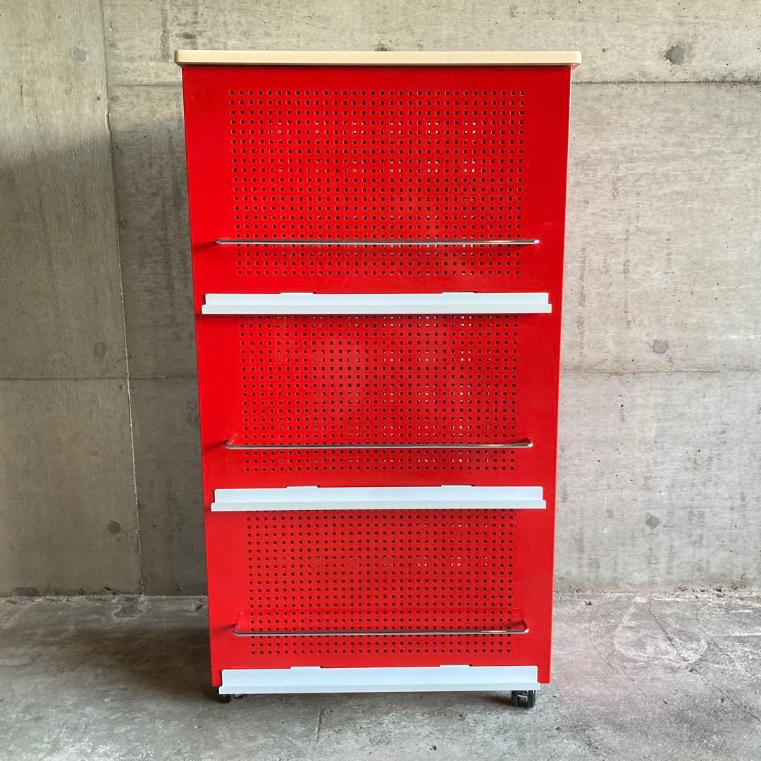 ラック シェルフ ワゴン 棚 開閉式 折り畳み キャスター付 赤色 ポップ 什器