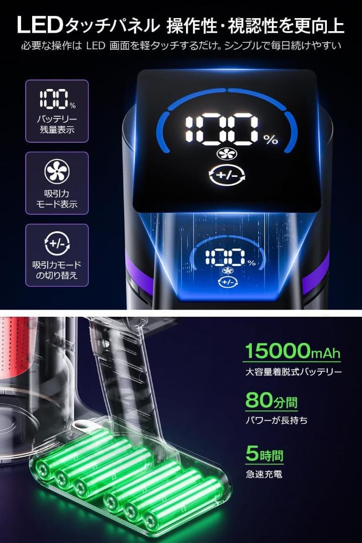 掃除機 コードレス 65kPa超強力吸引 80分連続稼働 サイクロン式 2WAY