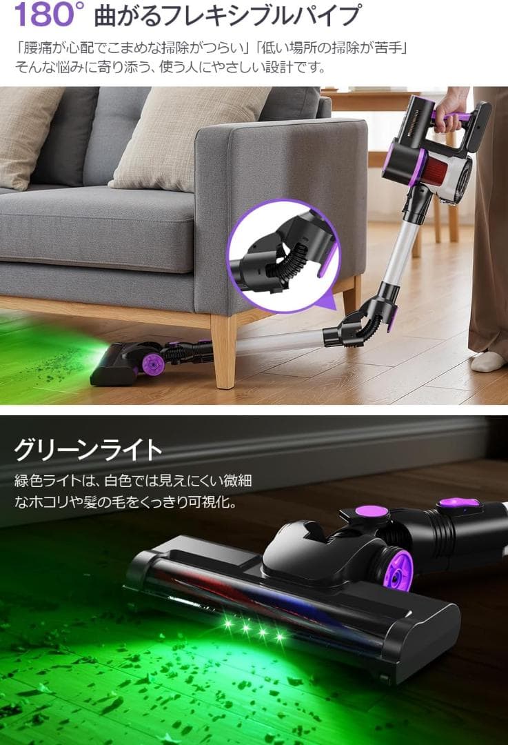 掃除機 コードレス 65kPa超強力吸引 80分連続稼働 サイクロン式 2WAY