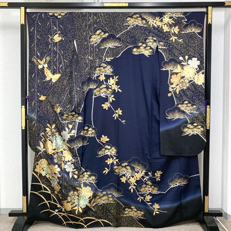 601z9〇人気色！ 振袖 金彩 紺 ネイビー 蝶々 桜 松〇成人式 結婚式