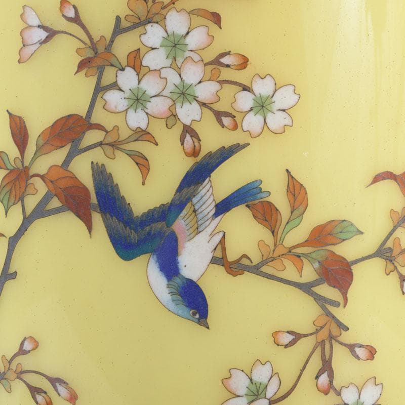 七宝焼　黄釉　花鳥文　花瓶　唐木台・箱付　D　9821