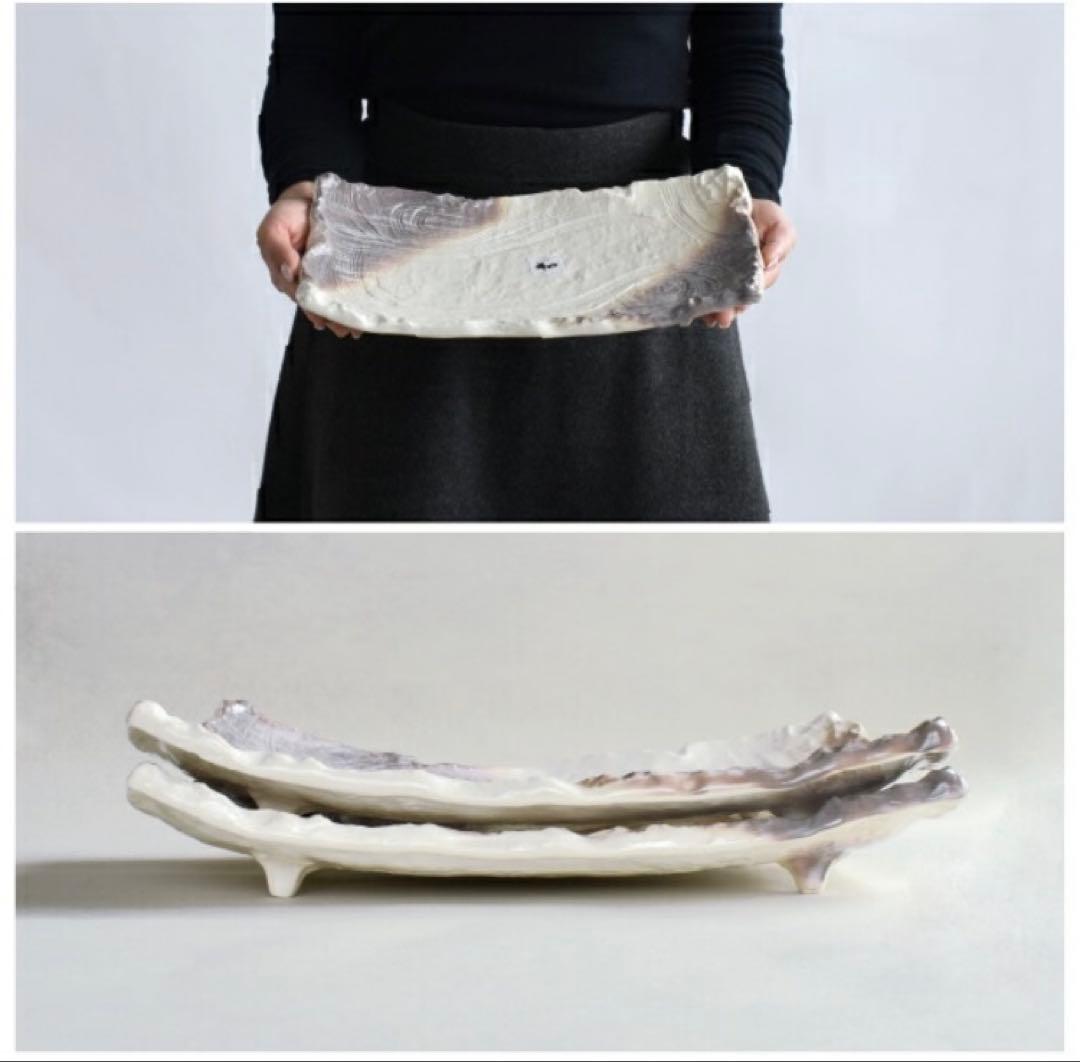 万古焼　志野脚付き長角皿　大皿　一点物　新品未使用品　白　渋い和食器