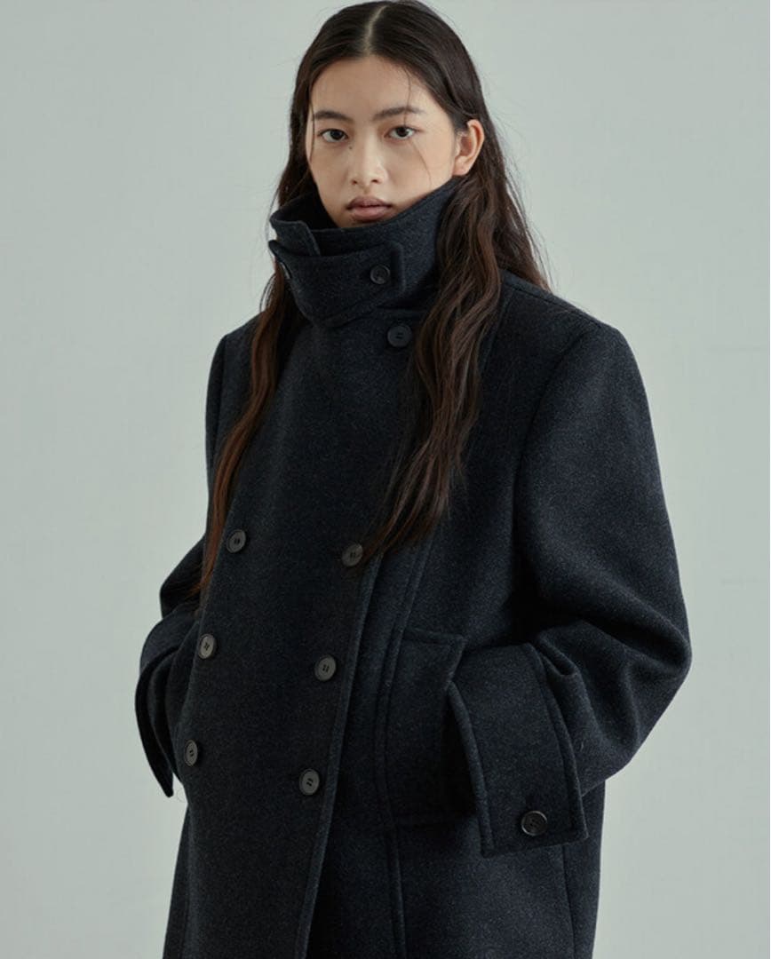 ダークグレー ダブルブレスト ウールコート(韓国ブランド)