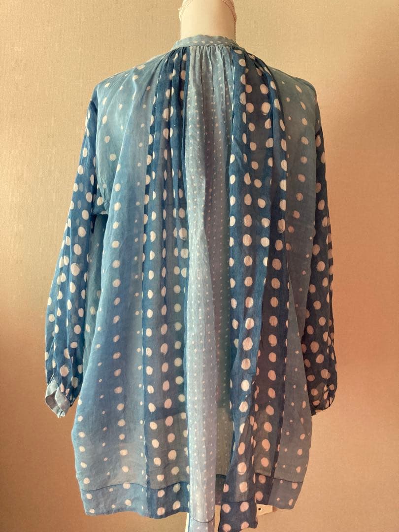 ◉45R シルク混インディゴドット柄パッチワークチュニックブラウス◉