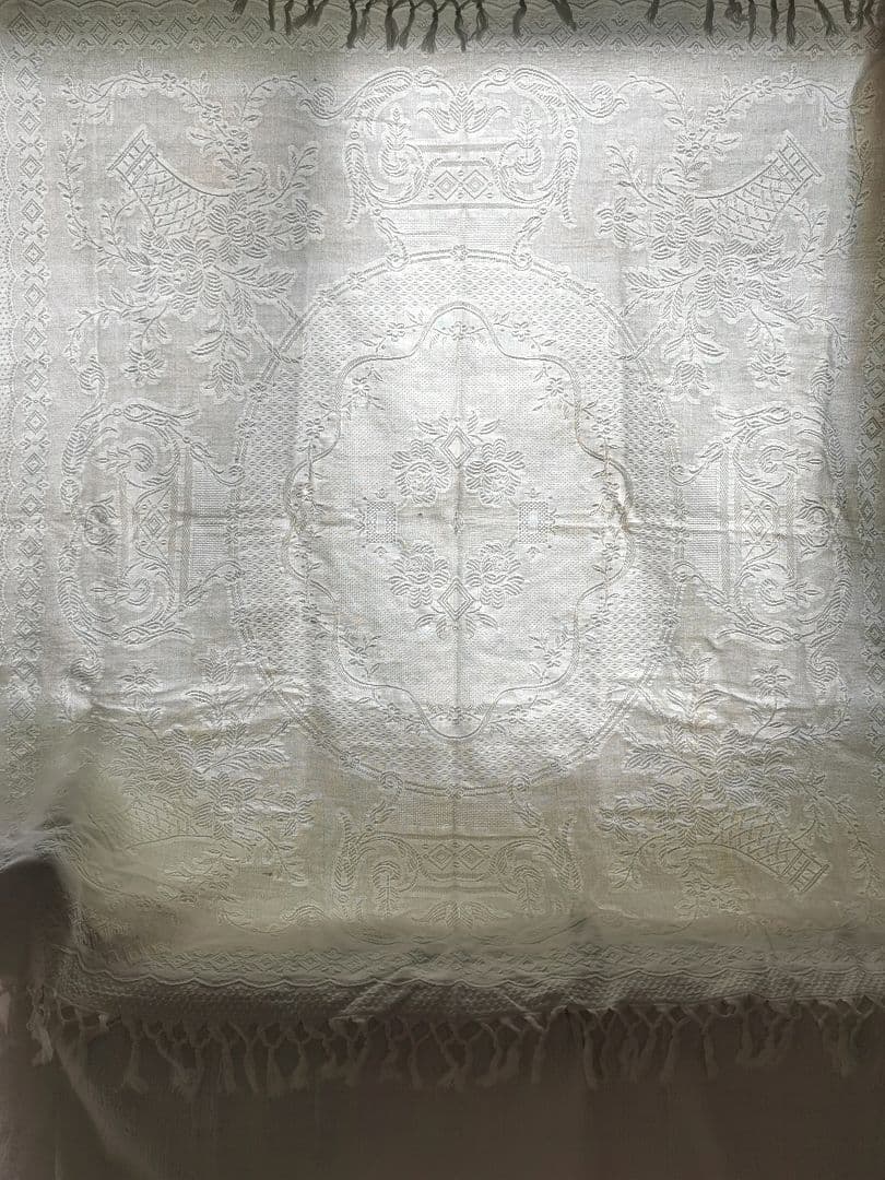 アンティーク南仏 ピケドプロヴァンス メダイヨン＆花籠 交差フリンジ付スプレッド