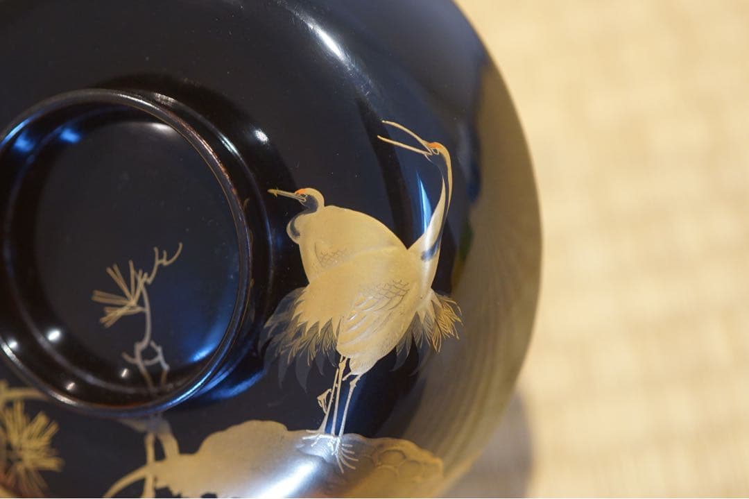 輪島塗 松鶴図金蒔絵 黒漆 吸物椀 2客 / 木製漆器 茶懐石