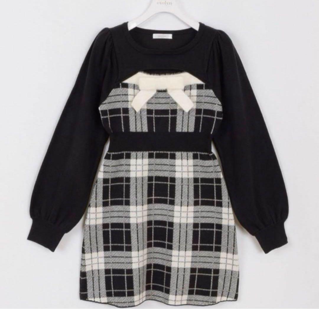 ♡evelyn バストリボンチェックニットOP ブラック 新品未使用♡