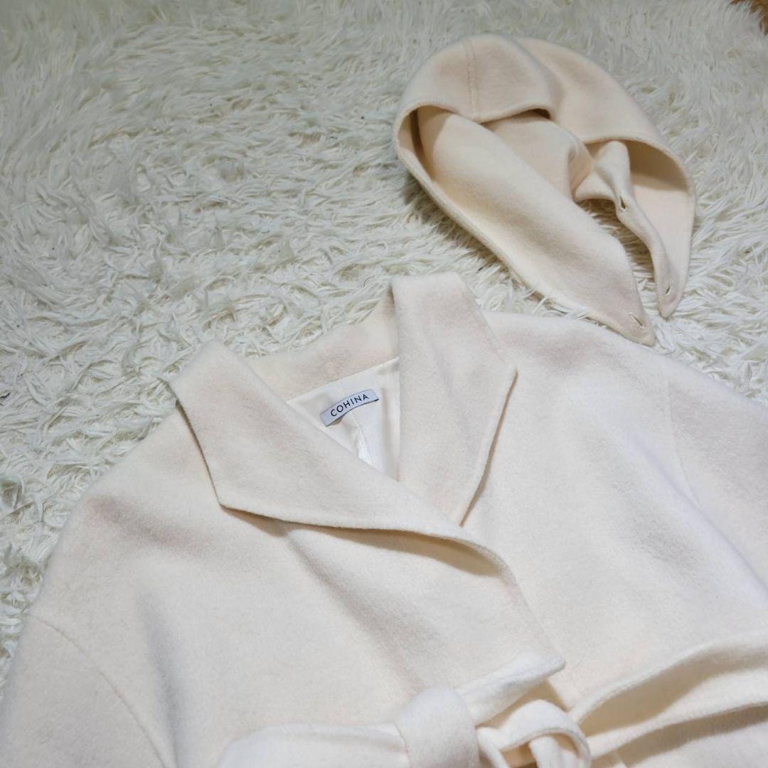【美品】COHINAコヒナ　リバーコート　ライトウール　ミディ丈　ウエストリボン