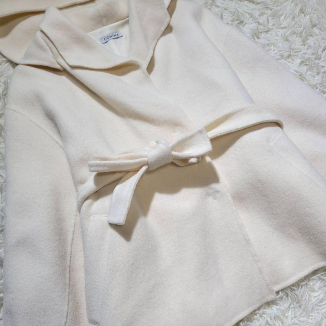 【美品】COHINAコヒナ　リバーコート　ライトウール　ミディ丈　ウエストリボン