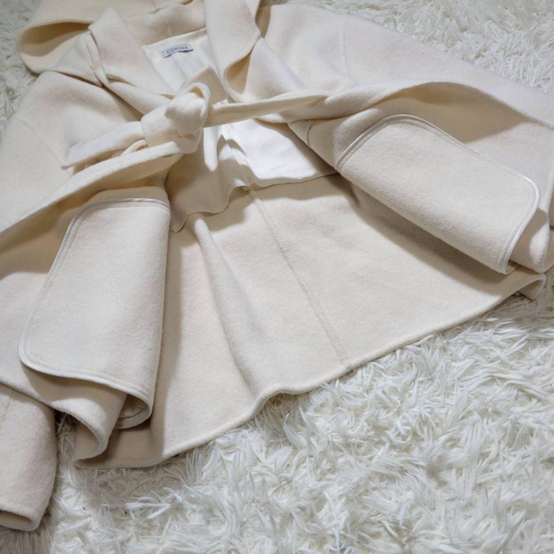 【美品】COHINAコヒナ　リバーコート　ライトウール　ミディ丈　ウエストリボン