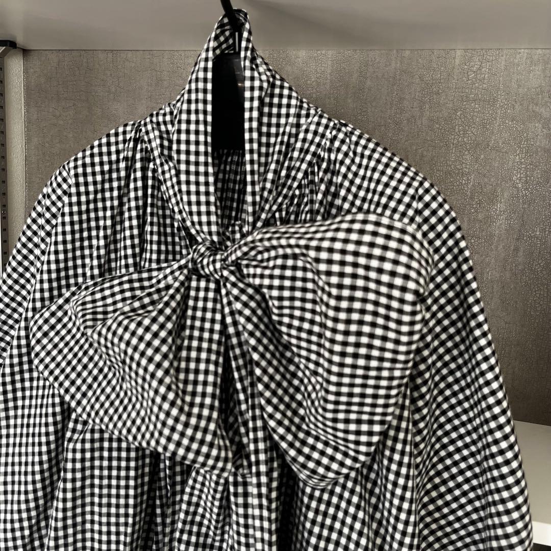 ウィムガゼット　ギンガムチェックボウタイブラウス　ブラック　長袖　リボンコットン