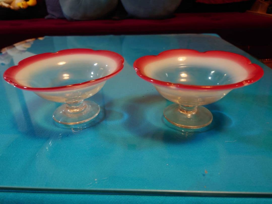 氷コップ 乳白色 吹きガラス 大正ロマン レトロ 赤 6個セット