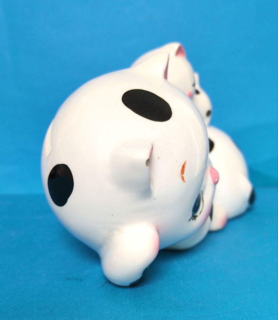 1970年代 内藤ルネ　可愛い黒い水玉模様のおめめパッチリ親猫と眠り子猫の貯金箱