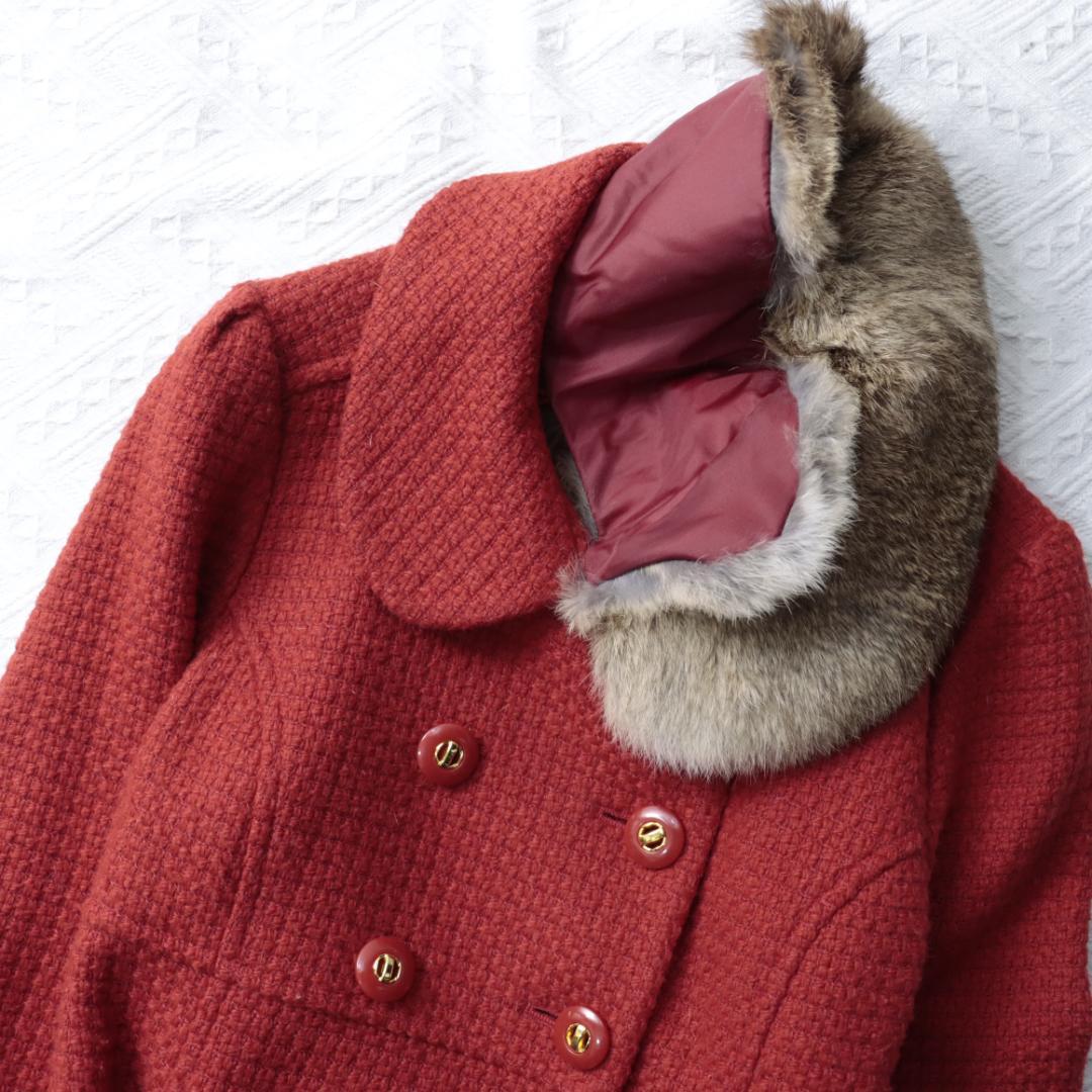 オンワード　高級ツイードジャケット　コート　ラビットリアルファー　ダブルボタン