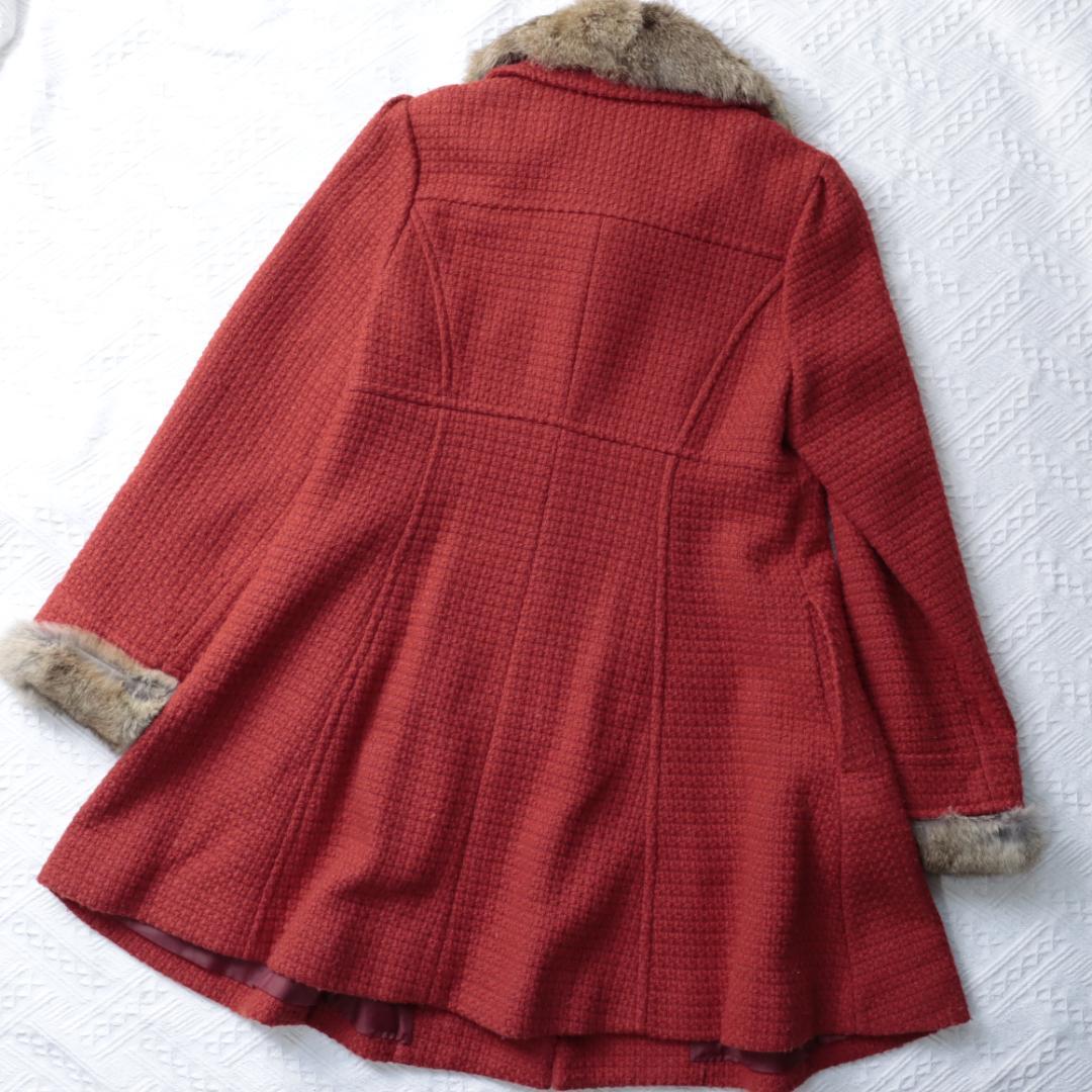 オンワード　高級ツイードジャケット　コート　ラビットリアルファー　ダブルボタン