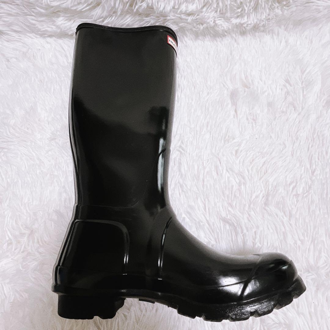 《美品》HUNTER レインブーツ トール グロス サイドベルト 24cm 黒