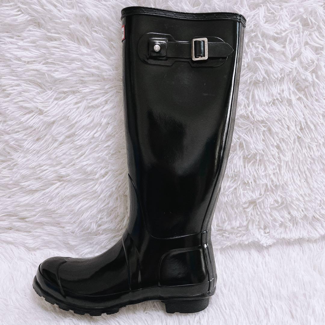 《美品》HUNTER レインブーツ トール グロス サイドベルト 24cm 黒