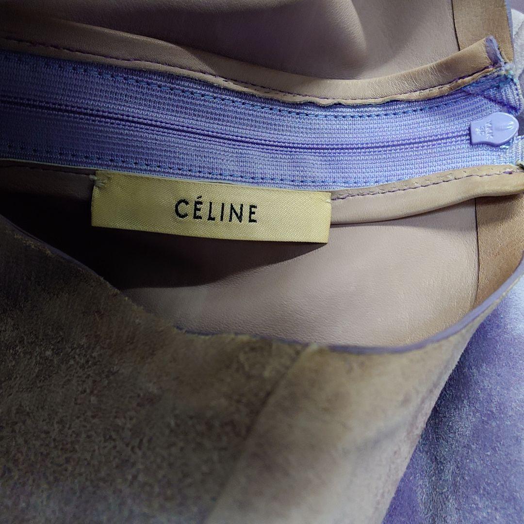 美品 希少 セリーヌ CELINE 牛革 レザー ワンピース 36 パープル 紫