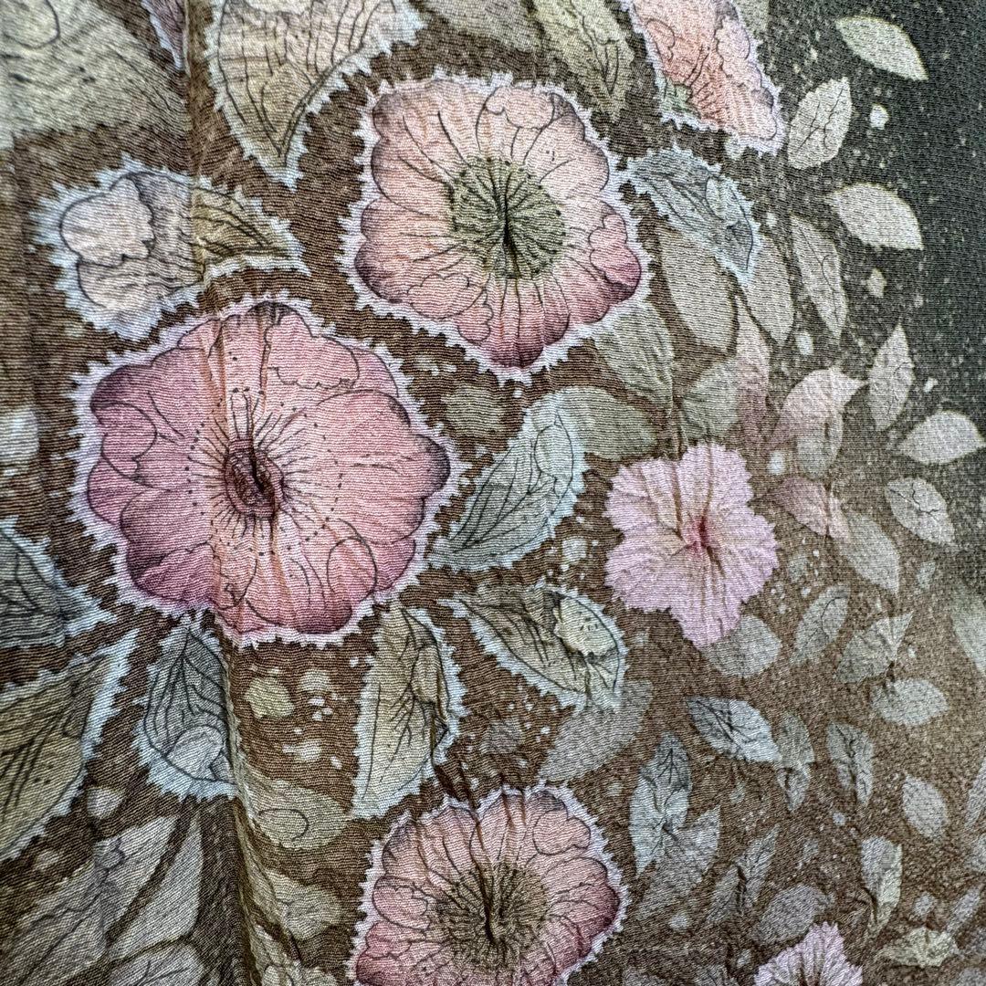 しつけ付き　正絹　袷　現代　広襟　訪問着　着物　辻ヶ花　紋無　深緑　156裄64