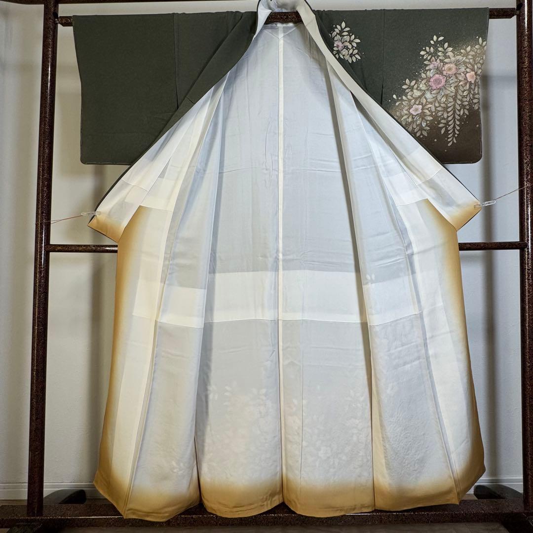 しつけ付き　正絹　袷　現代　広襟　訪問着　着物　辻ヶ花　紋無　深緑　156裄64