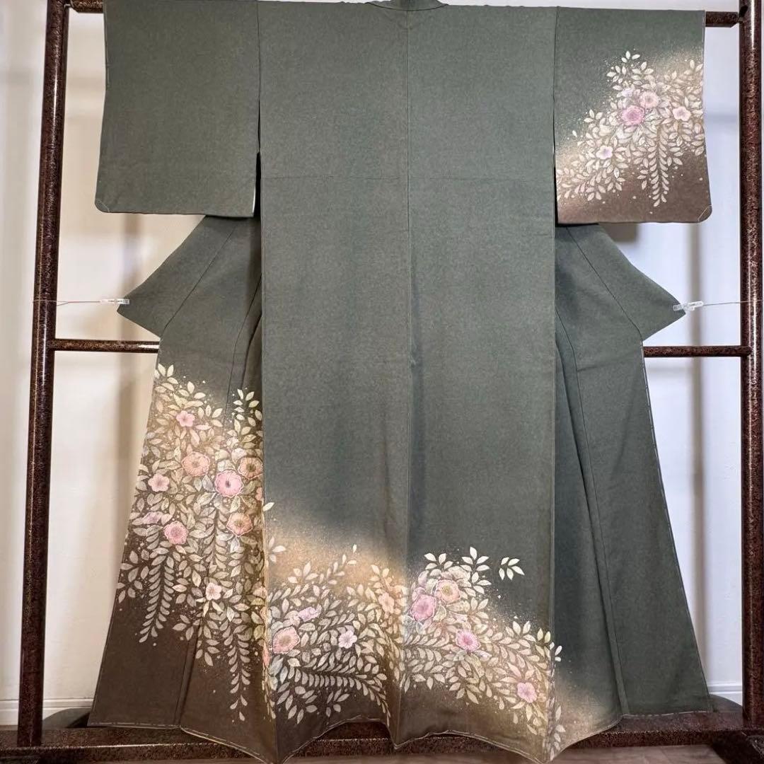 しつけ付き　正絹　袷　現代　広襟　訪問着　着物　辻ヶ花　紋無　深緑　156裄64