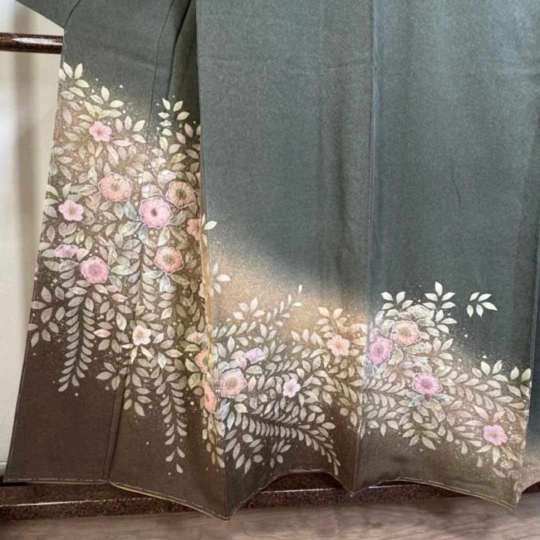 しつけ付き　正絹　袷　現代　広襟　訪問着　着物　辻ヶ花　紋無　深緑　156裄64