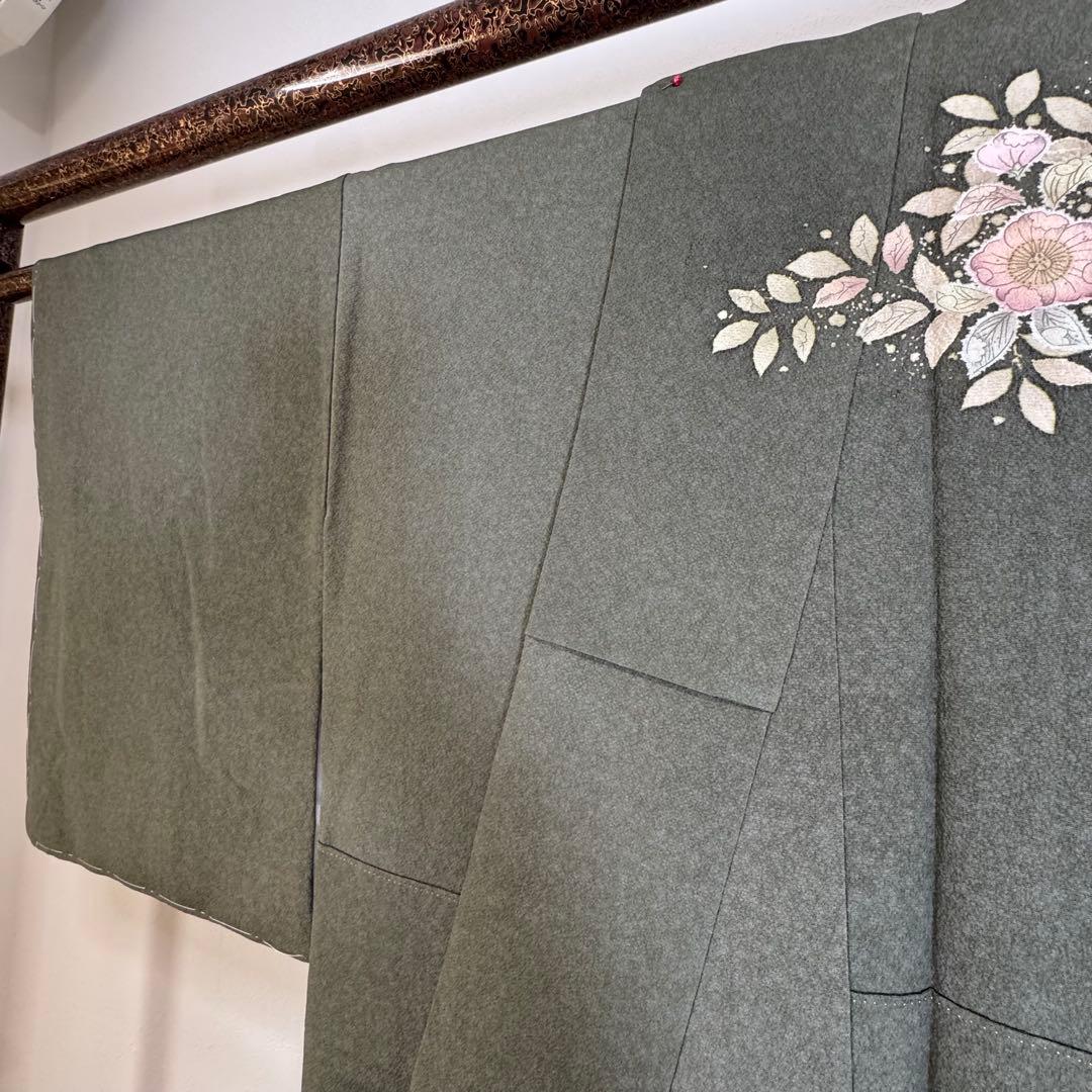 しつけ付き　正絹　袷　現代　広襟　訪問着　着物　辻ヶ花　紋無　深緑　156裄64