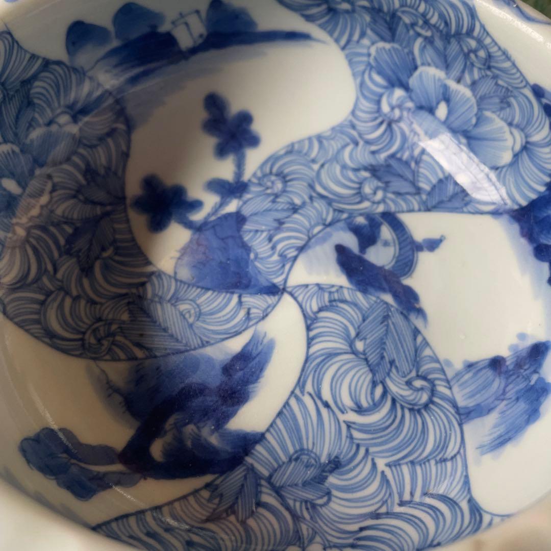 江戸期　古伊万里　染付　中深鉢　山水図