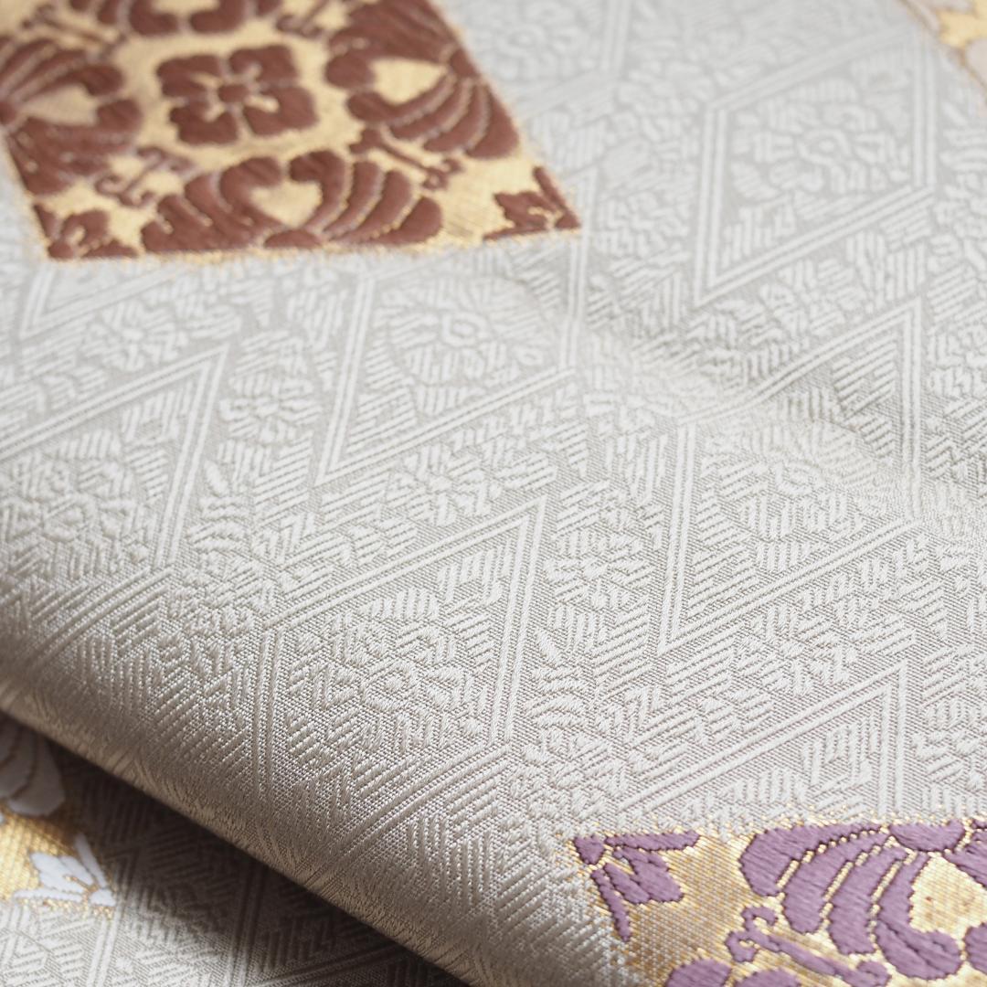 【帯】【袋帯】薄うぐいす地 菱型 吉祥文 三越扱い No.14