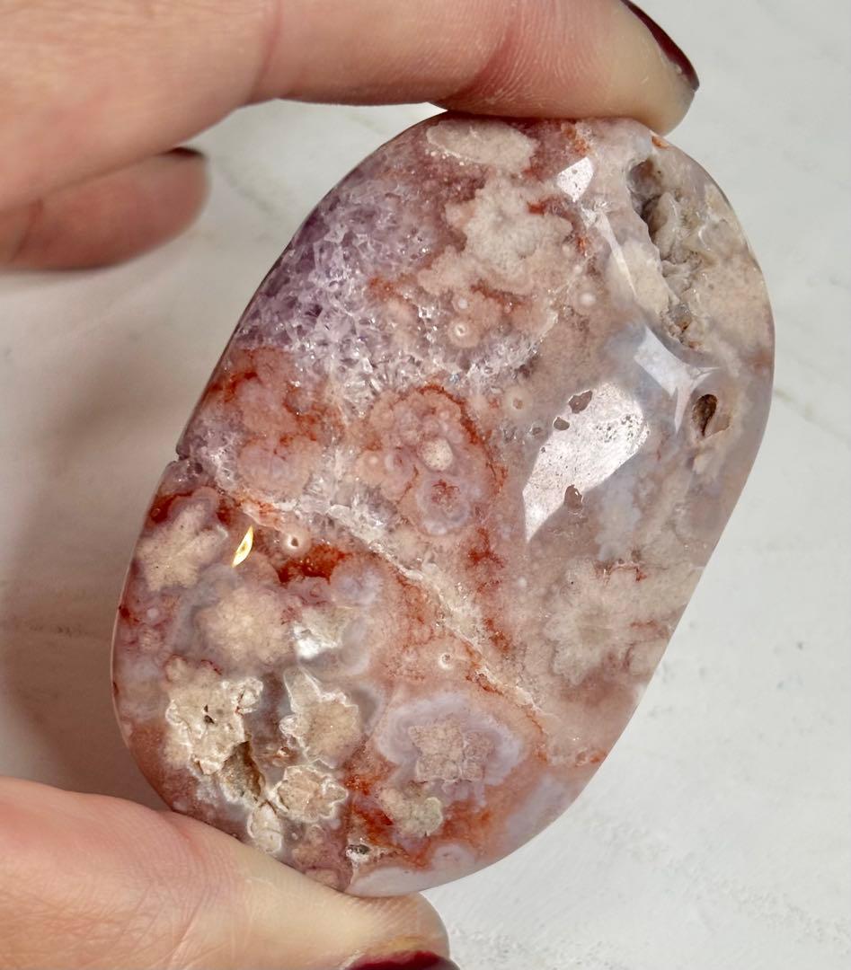 《希少グラデ赤入り・高品質》ピンクアメジスト×フラワーアゲート　パーム　握り石