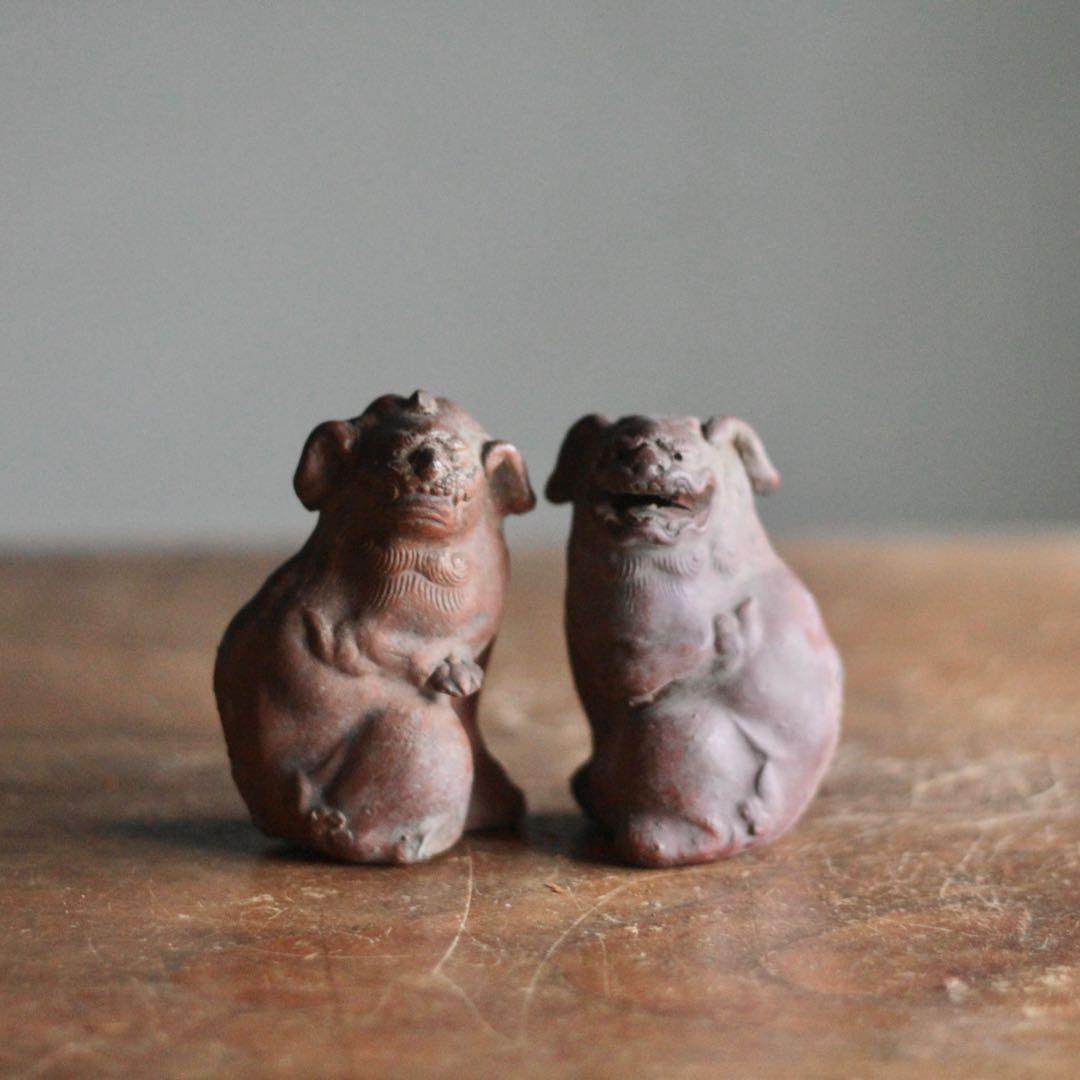 獅子と狛犬 陶人形 備前焼 古道具 アンティーク オブジェ