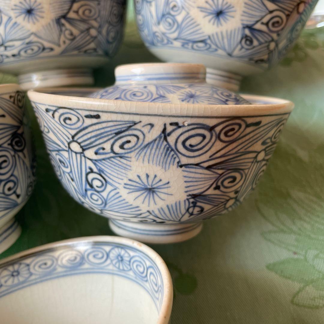 古伊万里　花弁紋　唐草　蓋付きご飯茶碗 6客