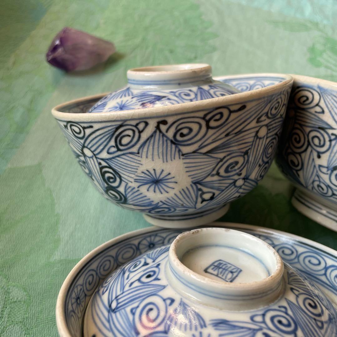 古伊万里　花弁紋　唐草　蓋付きご飯茶碗 6客