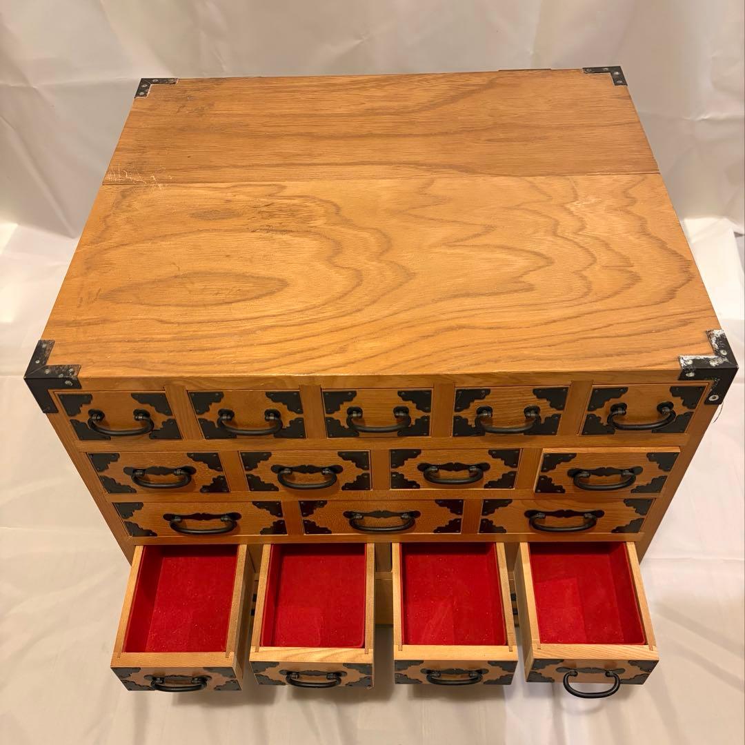 木製ベルベット内張付き引き出し付き収納チェスト