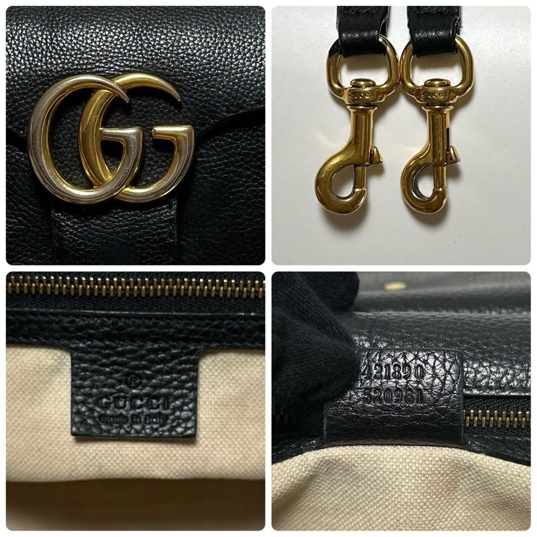 j85【美品】グッチ　GGマーモント　レザー　ブラック　2way ショルダー.