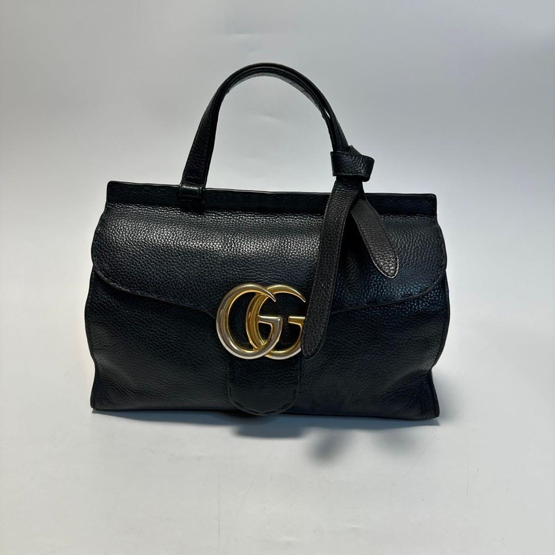 j85【美品】グッチ　GGマーモント　レザー　ブラック　2way ショルダー.