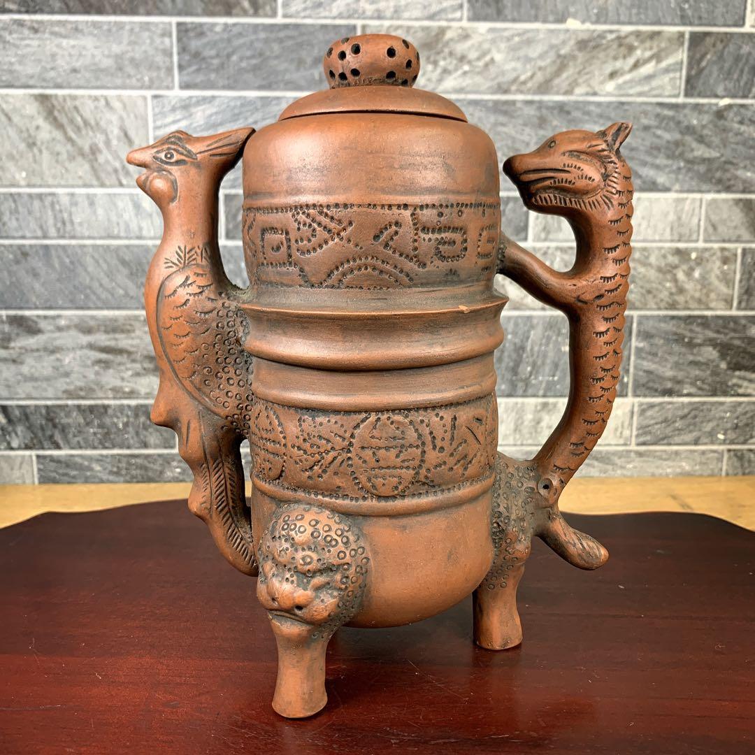 希少品　中国古美術品　茶器　宜興紫砂　陶器　急須　茶壺　お猪口付き　鳳凰　龍