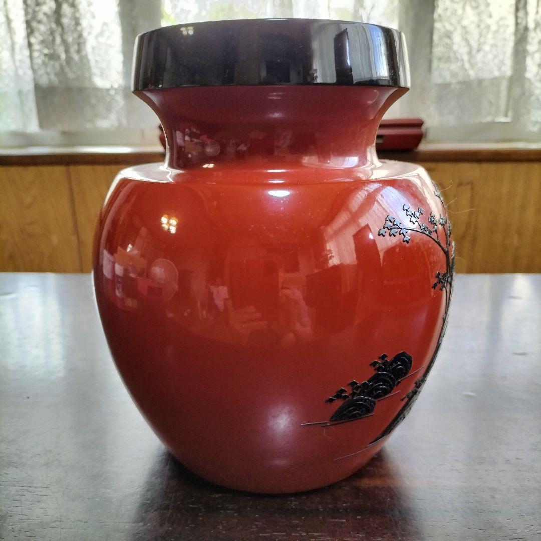 琉球漆器　飾り壷　角萬漆器　朱赤　黒　花瓶　螺鈿蒔絵